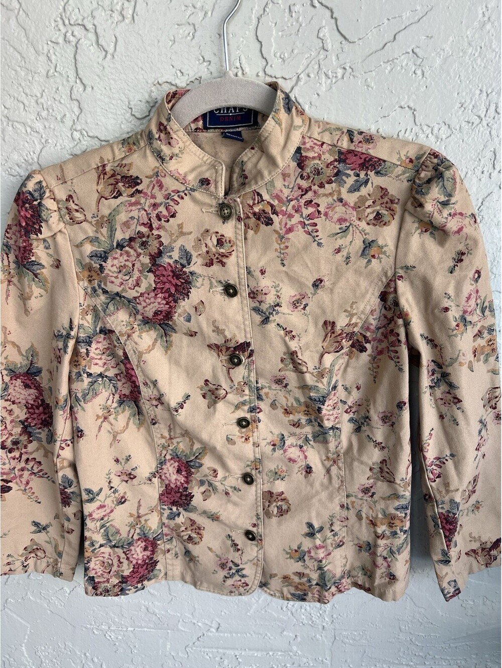 Chaps Denim Jacket Womens S Beige Floral Rose Print Cotton Fairy Victorian Vtg. - Picture 3 of 15